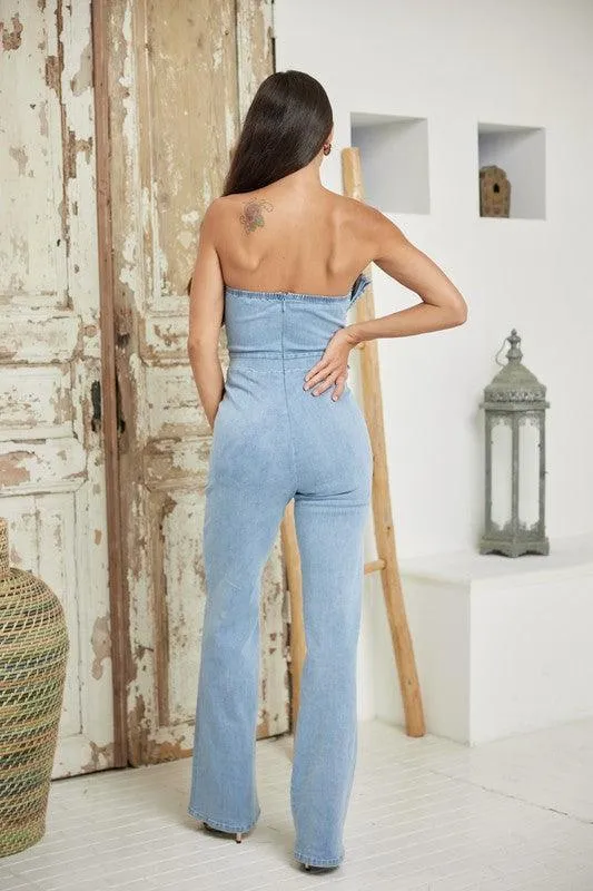 FLORAL APPLIQUE TUBE STYLE DENIM JUMPSUIT