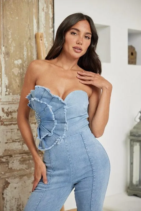 FLORAL APPLIQUE TUBE STYLE DENIM JUMPSUIT
