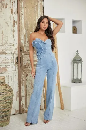 FLORAL APPLIQUE TUBE STYLE DENIM JUMPSUIT