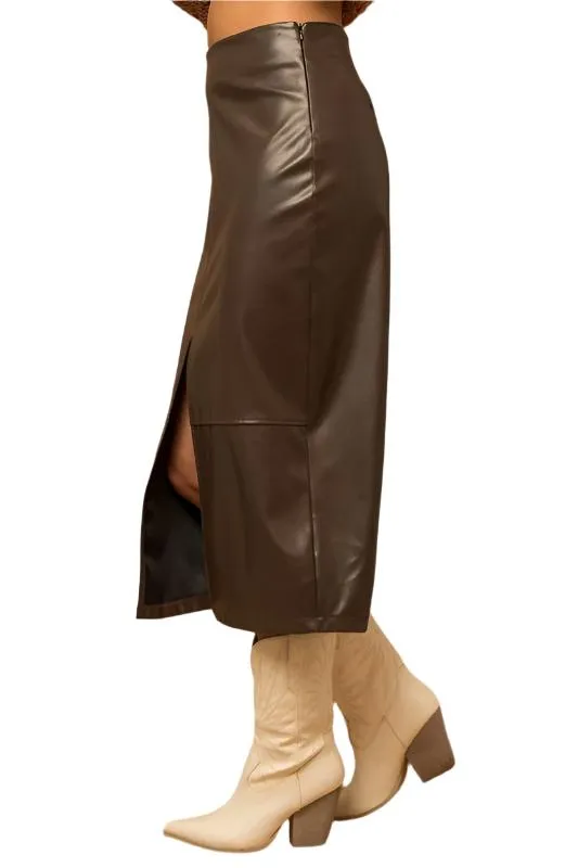 Front Slit Vegan Leather Skirt