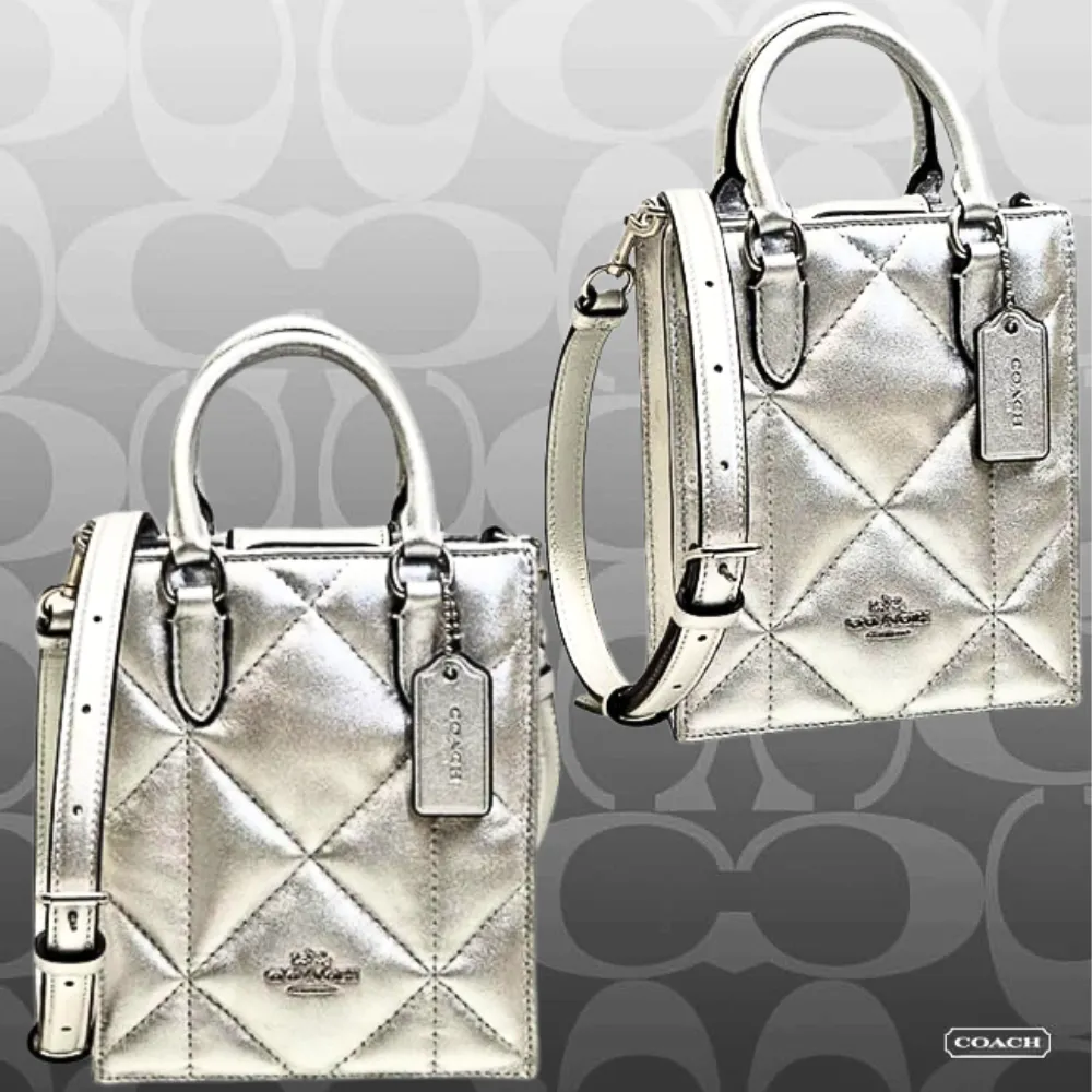 Genuine COACH Edgy North South Mini Tote in Silver Metallic with Puffy Diamond Quilting