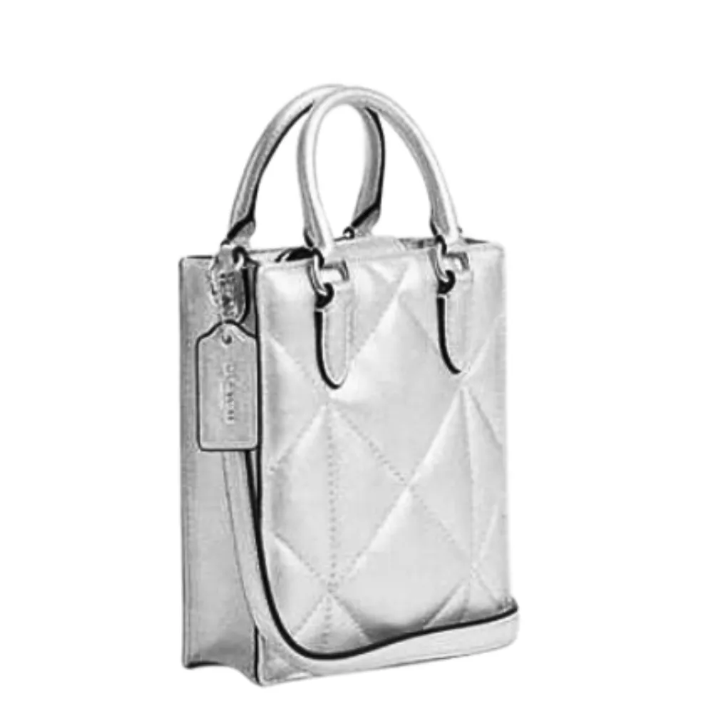 Genuine COACH Edgy North South Mini Tote in Silver Metallic with Puffy Diamond Quilting