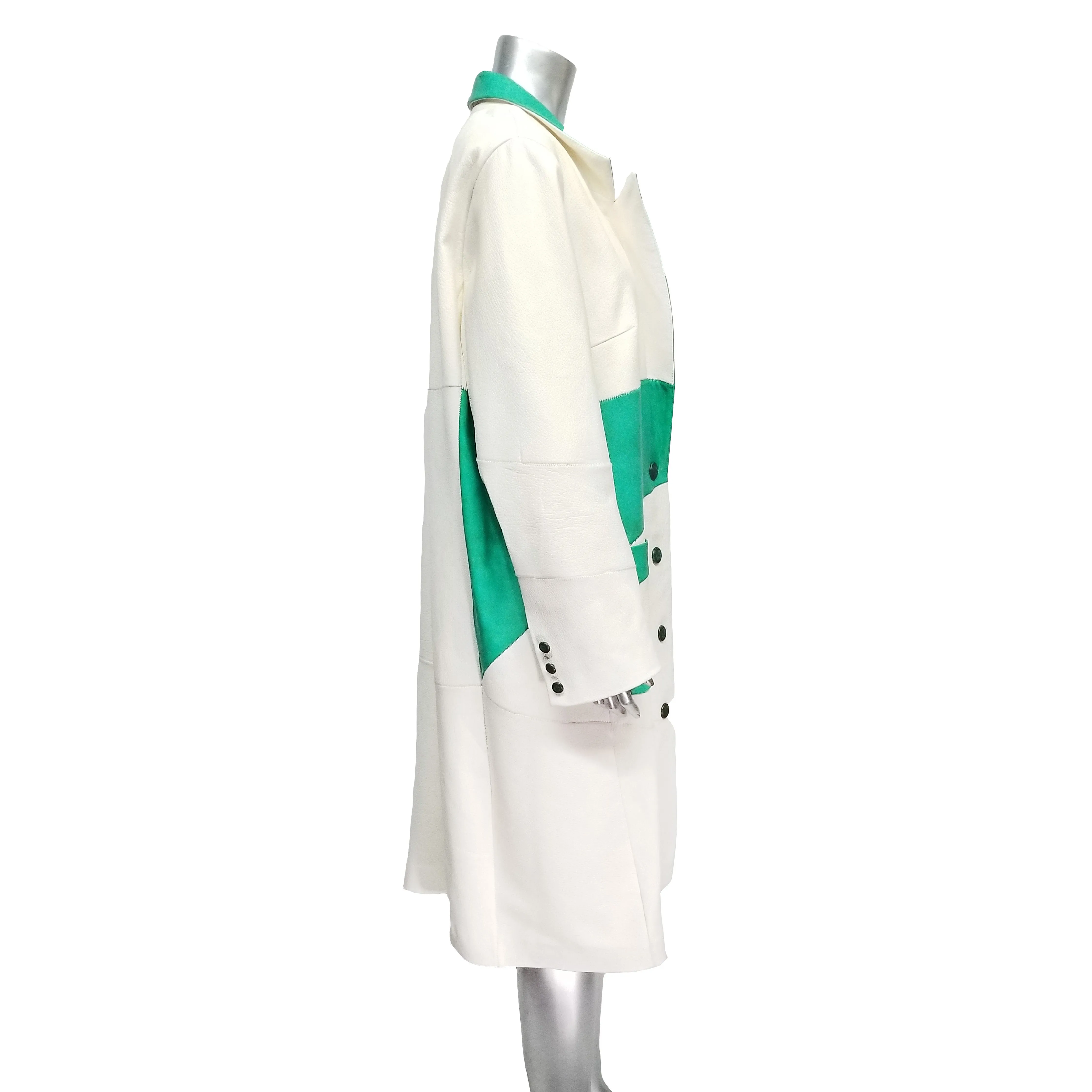 Genuine Vanilla White with Jade Green Leather Long Coat.