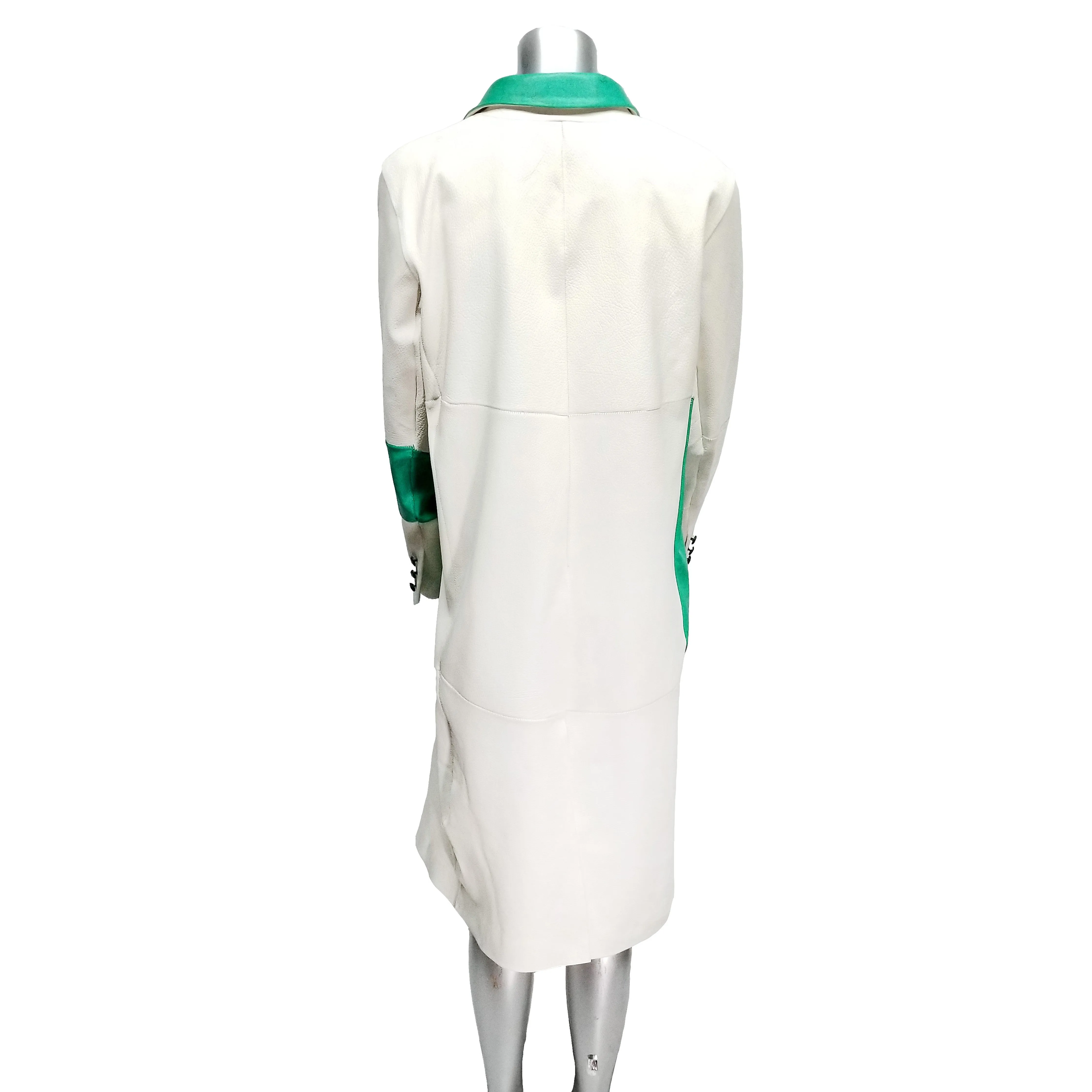 Genuine Vanilla White with Jade Green Leather Long Coat.