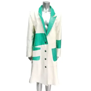 Genuine Vanilla White with Jade Green Leather Long Coat.