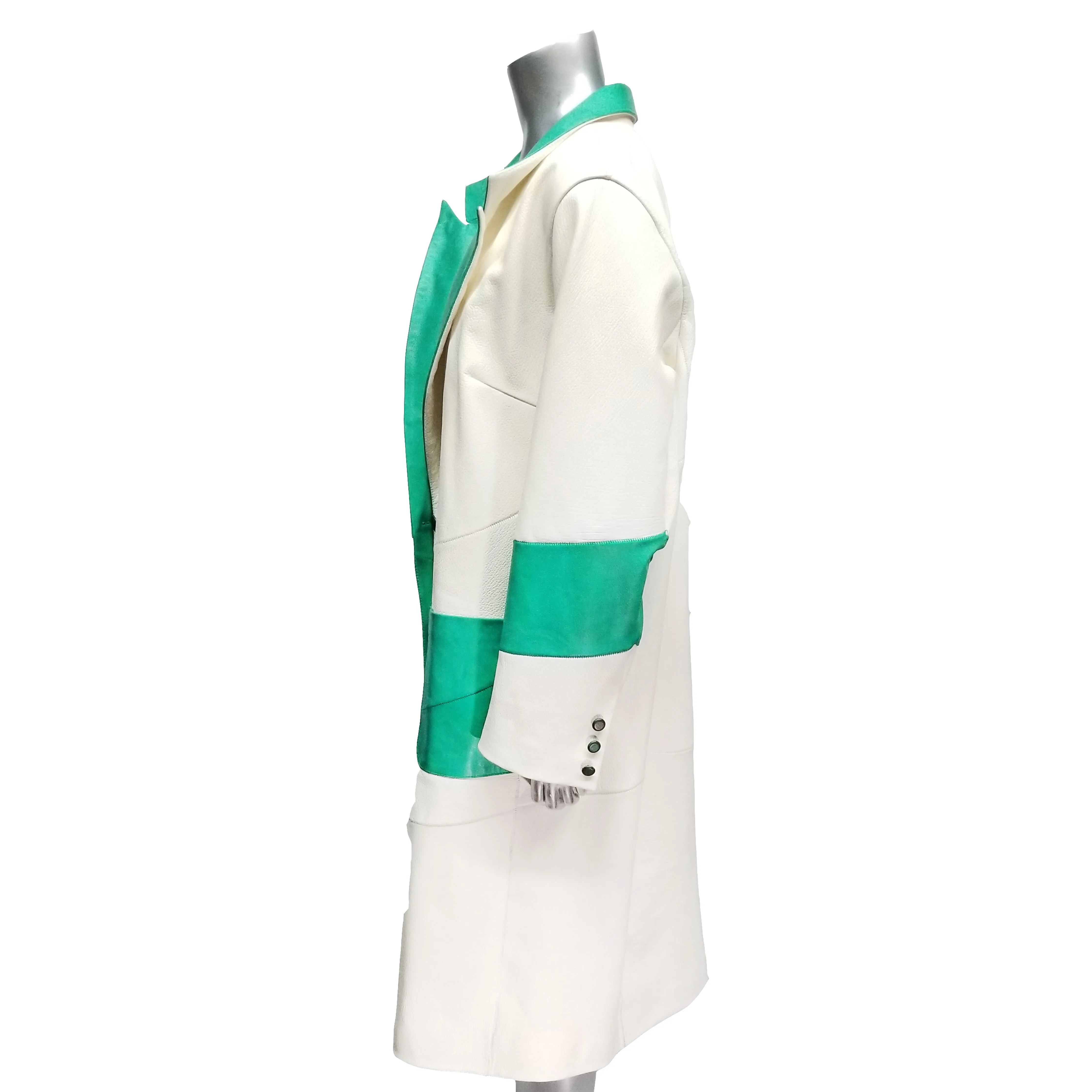 Genuine Vanilla White with Jade Green Leather Long Coat.