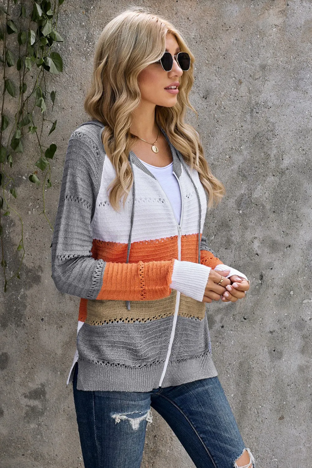 Gray Zipped Front Colorblock Hollow-out Knit Hoodie