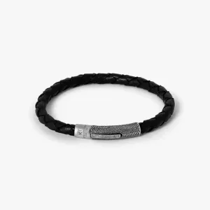 Herringbone Leather Bracelet In Black With Stainless Steel