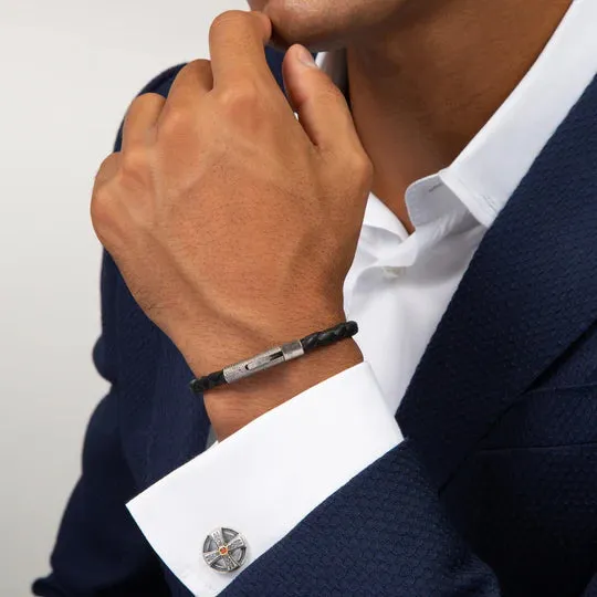 Herringbone Leather Bracelet In Black With Stainless Steel