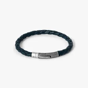 Herringbone Leather Bracelet, Stainless Steel - Navy Blue