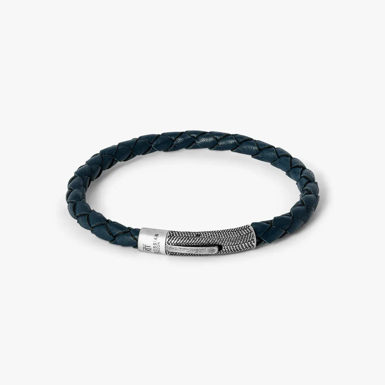 Herringbone Leather Bracelet, Stainless Steel - Navy Blue