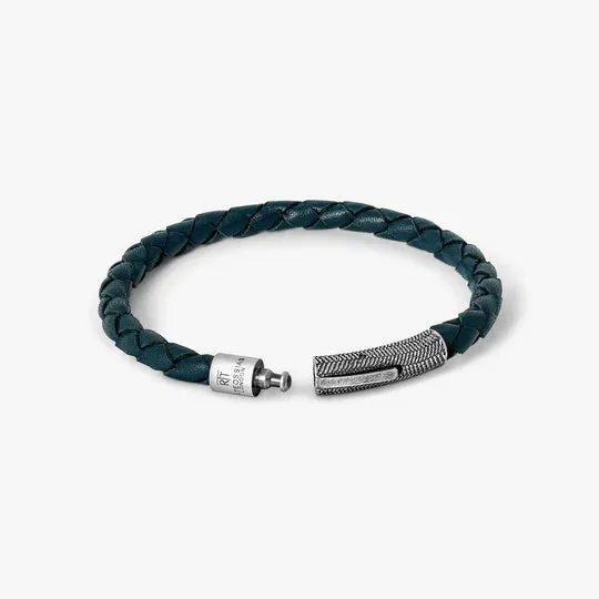 Herringbone Leather Bracelet, Stainless Steel - Navy Blue