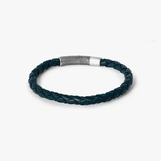 Herringbone Leather Bracelet, Stainless Steel - Navy Blue