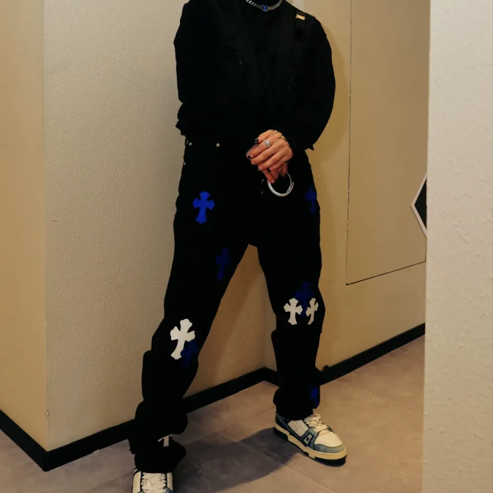 Hip Hop Cross Leather Logo Jeans
