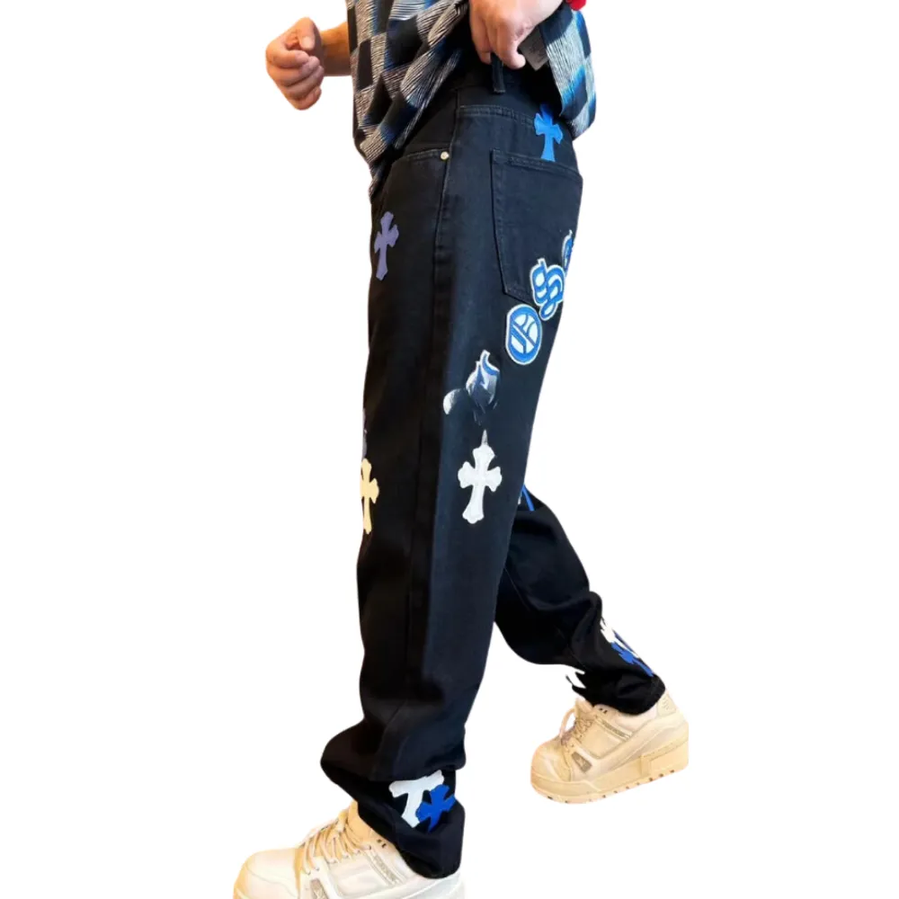 Hip Hop Cross Leather Logo Jeans