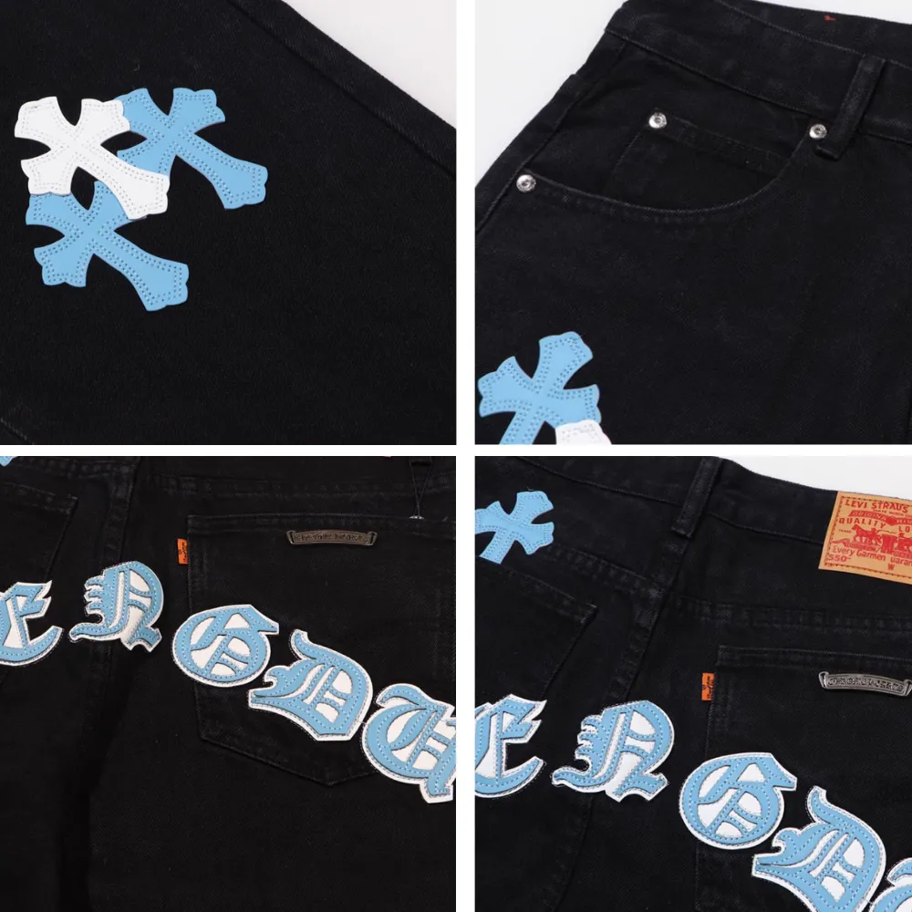 Hip Hop Cross Leather Logo Jeans