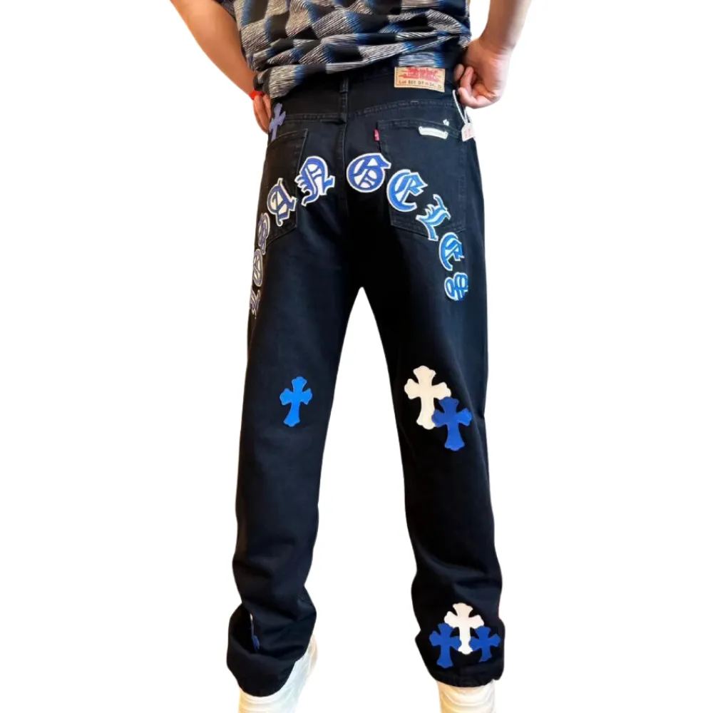 Hip Hop Cross Leather Logo Jeans