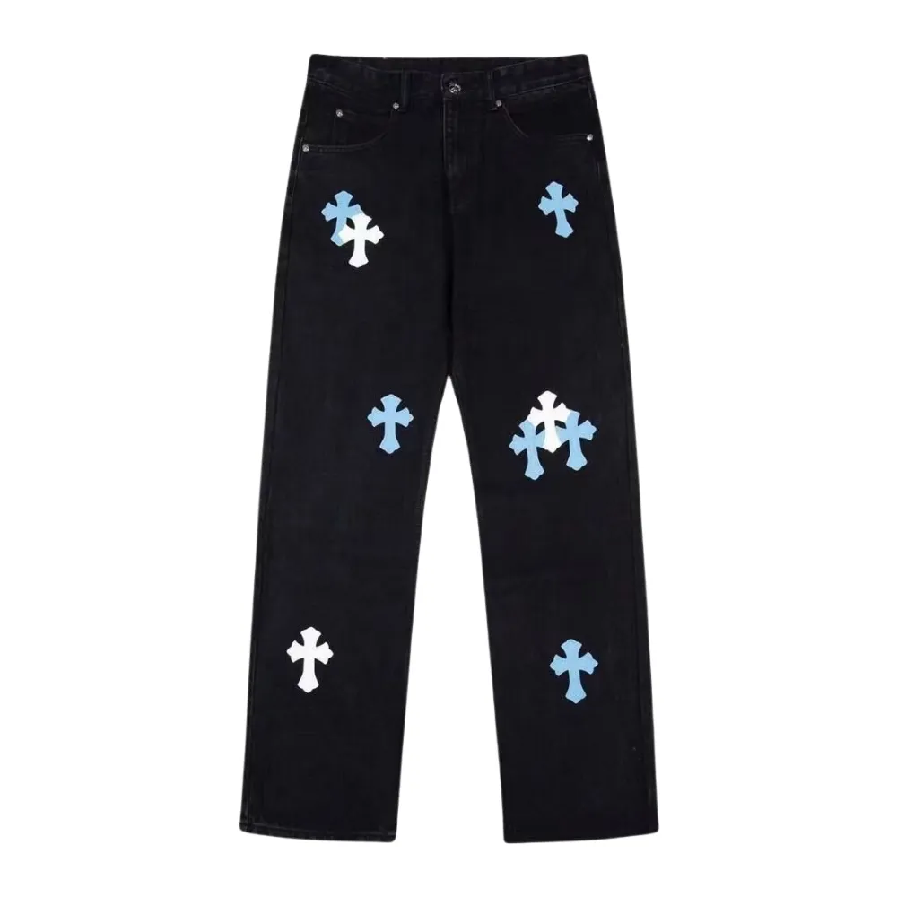 Hip Hop Cross Leather Logo Jeans