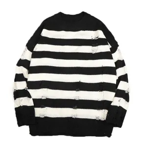 Horizontal Striped Women's Hollow Out Sweater Punk Grunge Hole Distressed Jumper