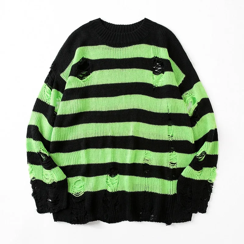 Horizontal Striped Women's Hollow Out Sweater Punk Grunge Hole Distressed Jumper