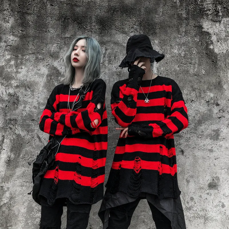 Horizontal Striped Women's Hollow Out Sweater Punk Grunge Hole Distressed Jumper