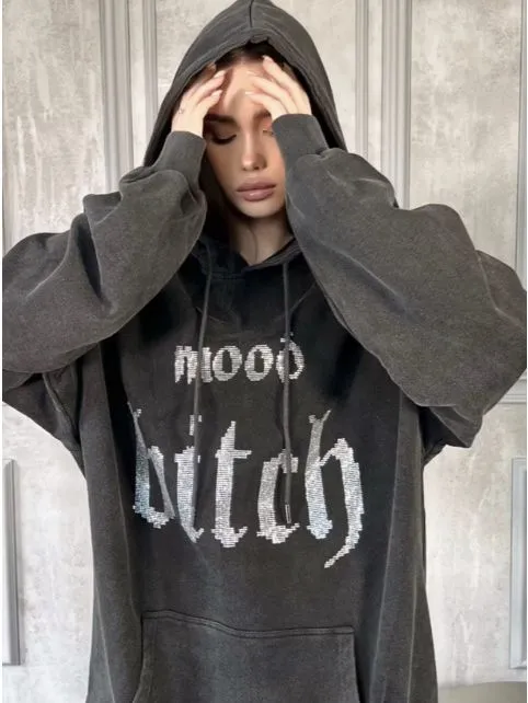 Hot diamond letters distressed washed hoodie