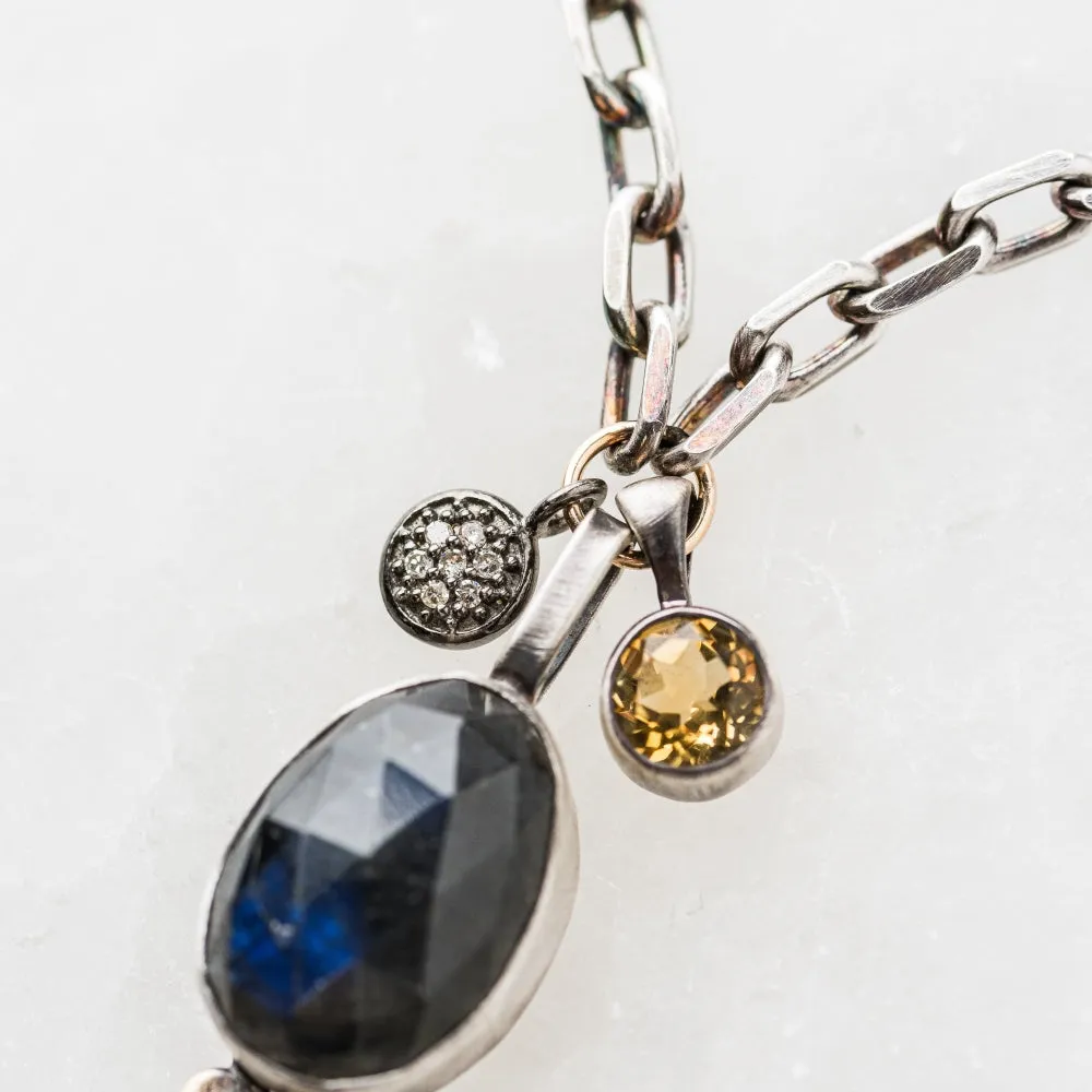 Labradorite Oval Necklace with Pavé Diamond Disc and Citrine