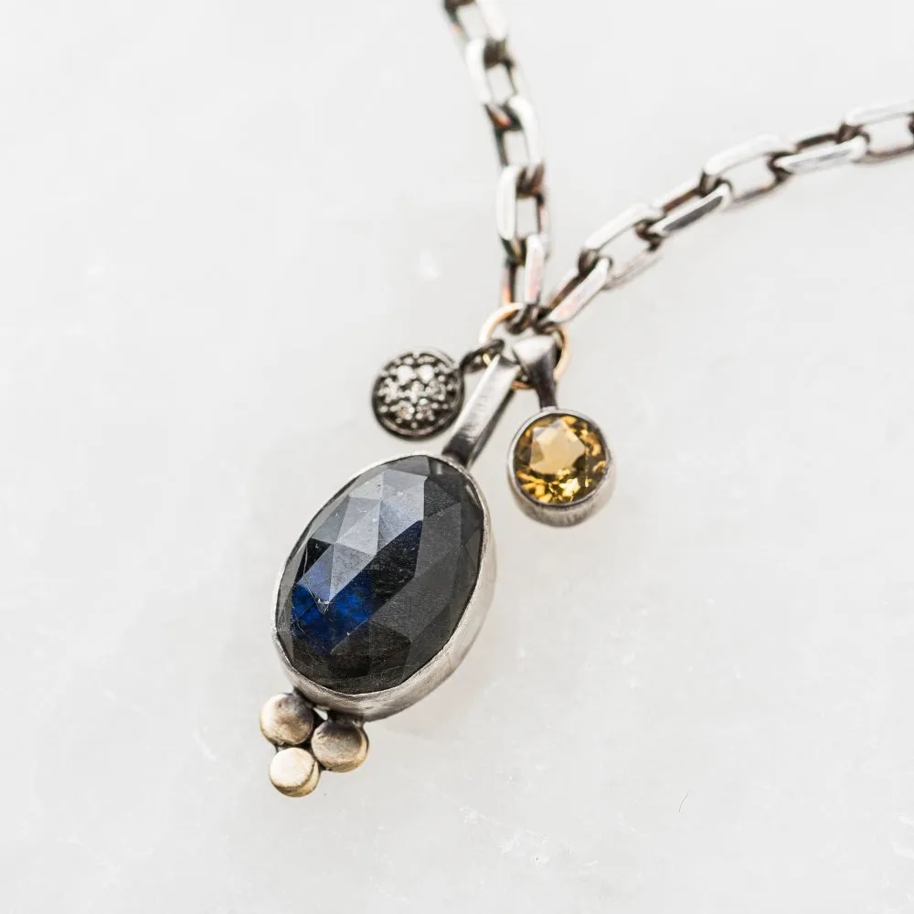 Labradorite Oval Necklace with Pavé Diamond Disc and Citrine