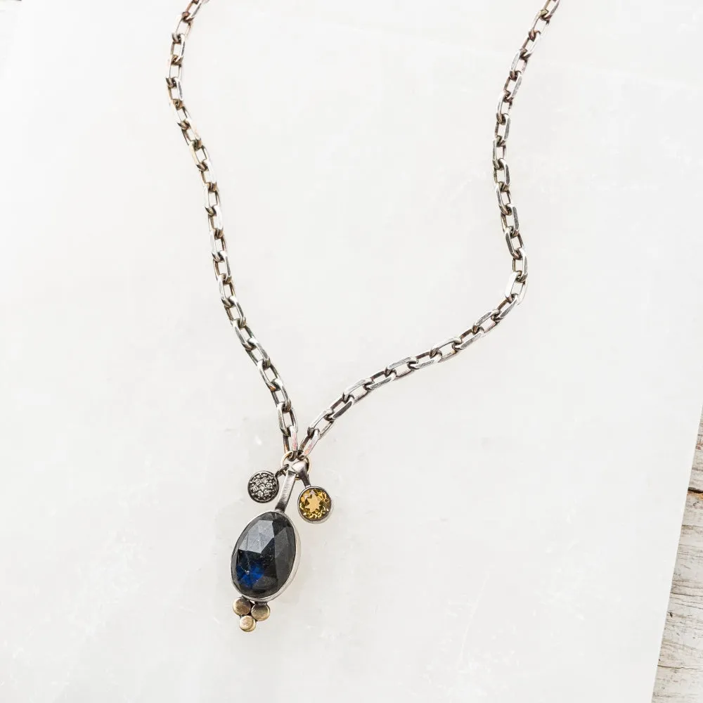 Labradorite Oval Necklace with Pavé Diamond Disc and Citrine