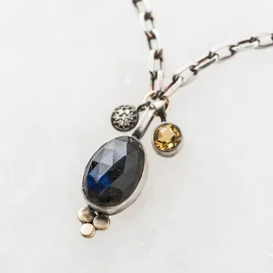 Labradorite Oval Necklace with Pavé Diamond Disc and Citrine