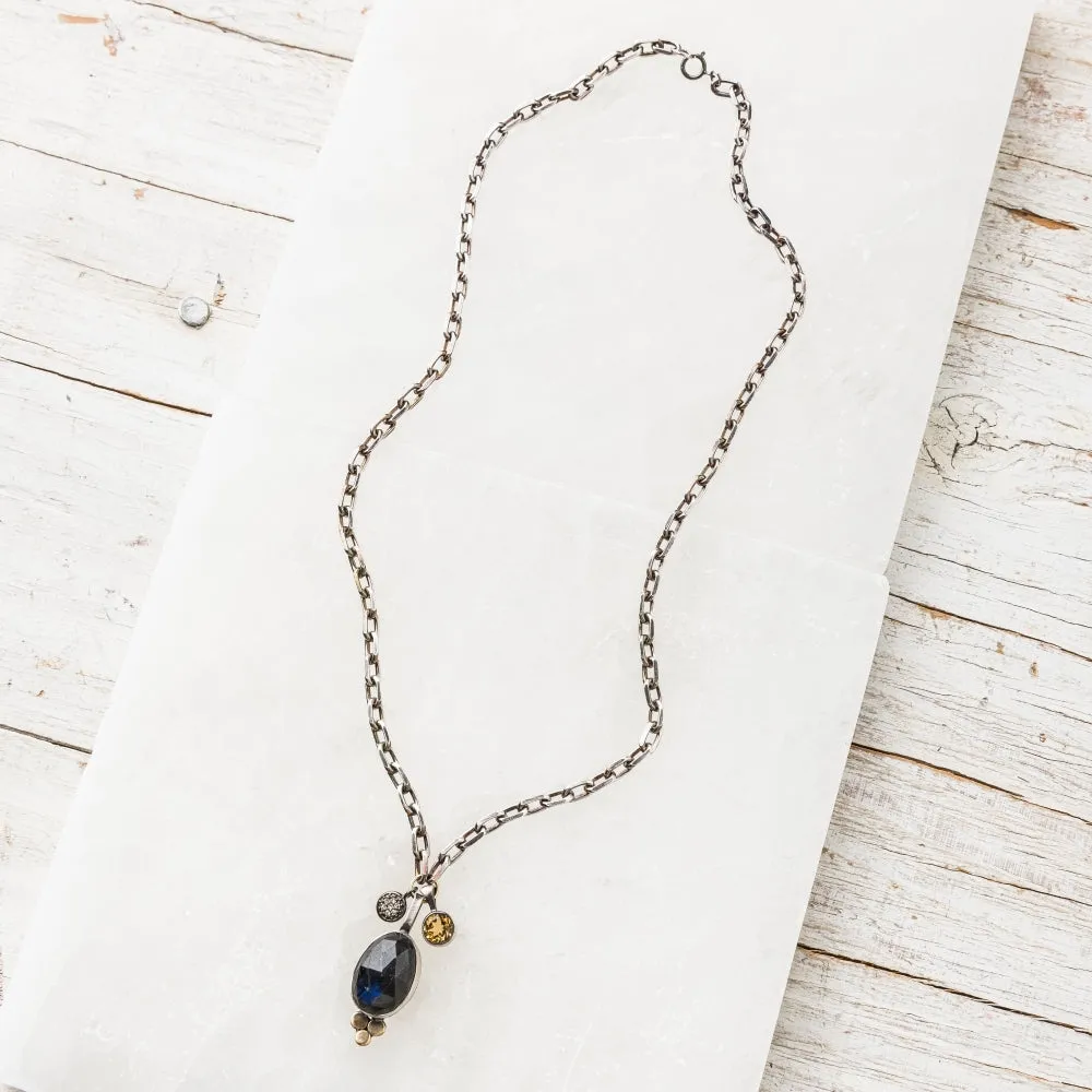 Labradorite Oval Necklace with Pavé Diamond Disc and Citrine