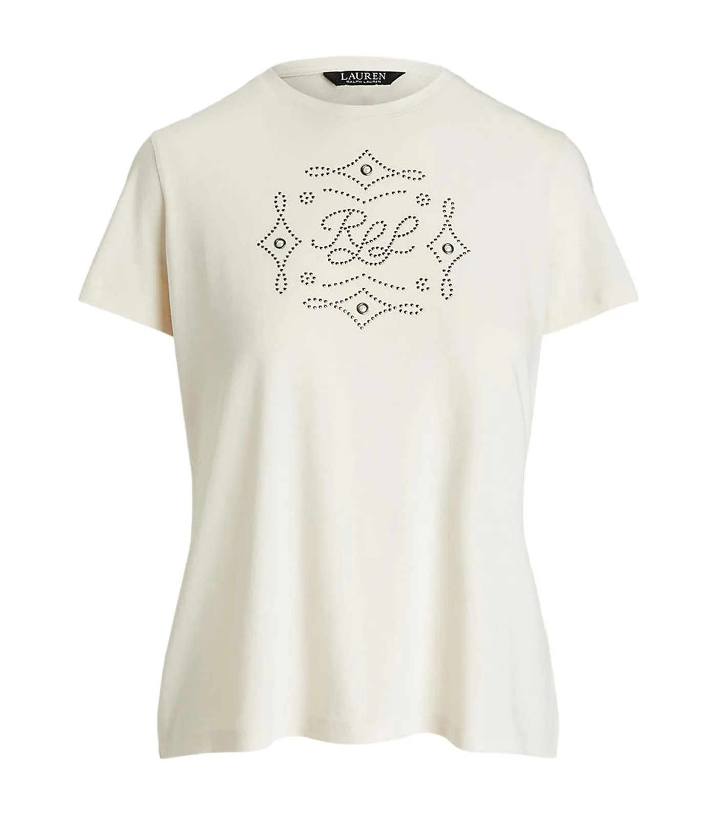Lauren Studded-Logo Cotton-Blend Jersey Tee Mascarpone Cream
