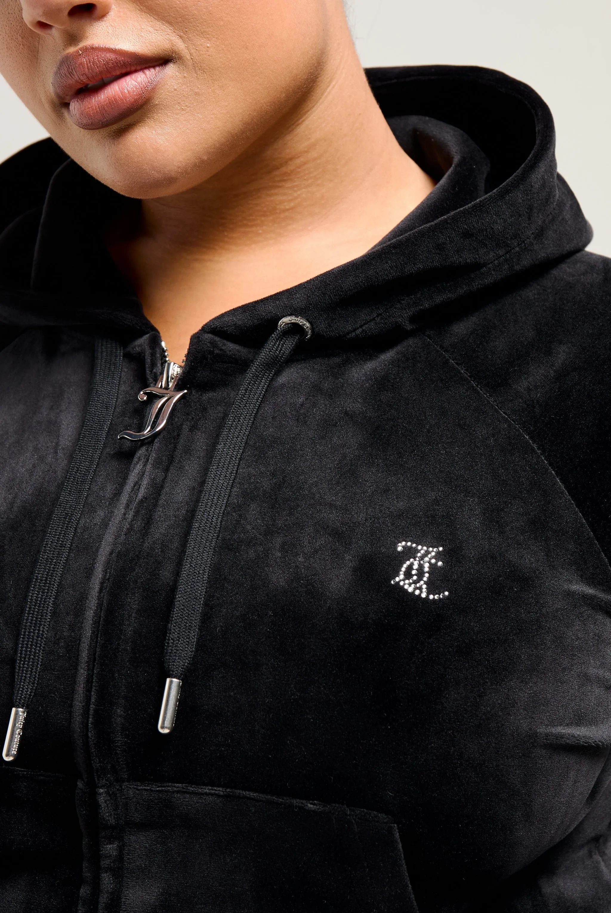 'LEO' BLACK DIAMANTÉ VELOUR ZIP-THROUGH HOODIE