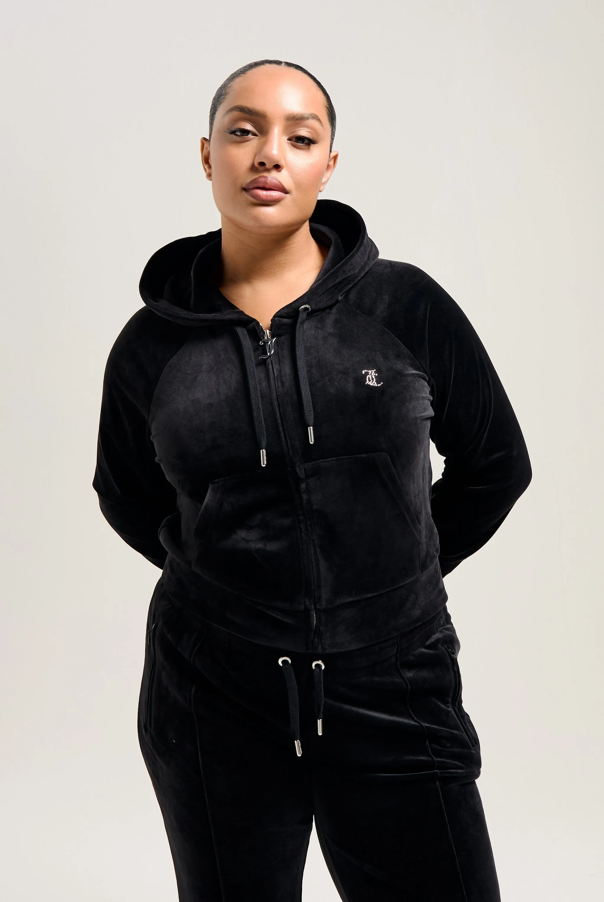 'LEO' BLACK DIAMANTÉ VELOUR ZIP-THROUGH HOODIE