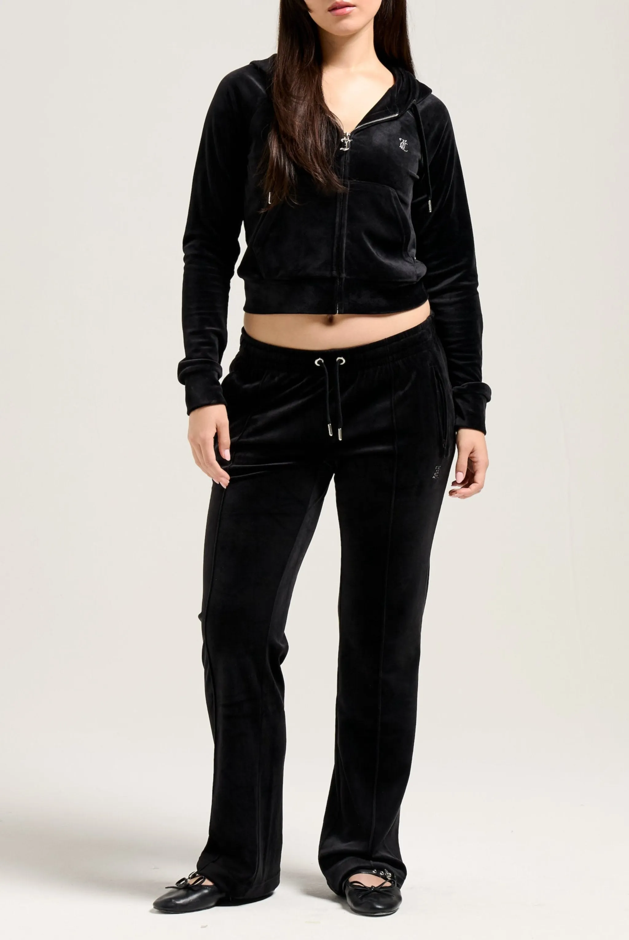 'LEO' BLACK DIAMANTÉ VELOUR ZIP-THROUGH HOODIE
