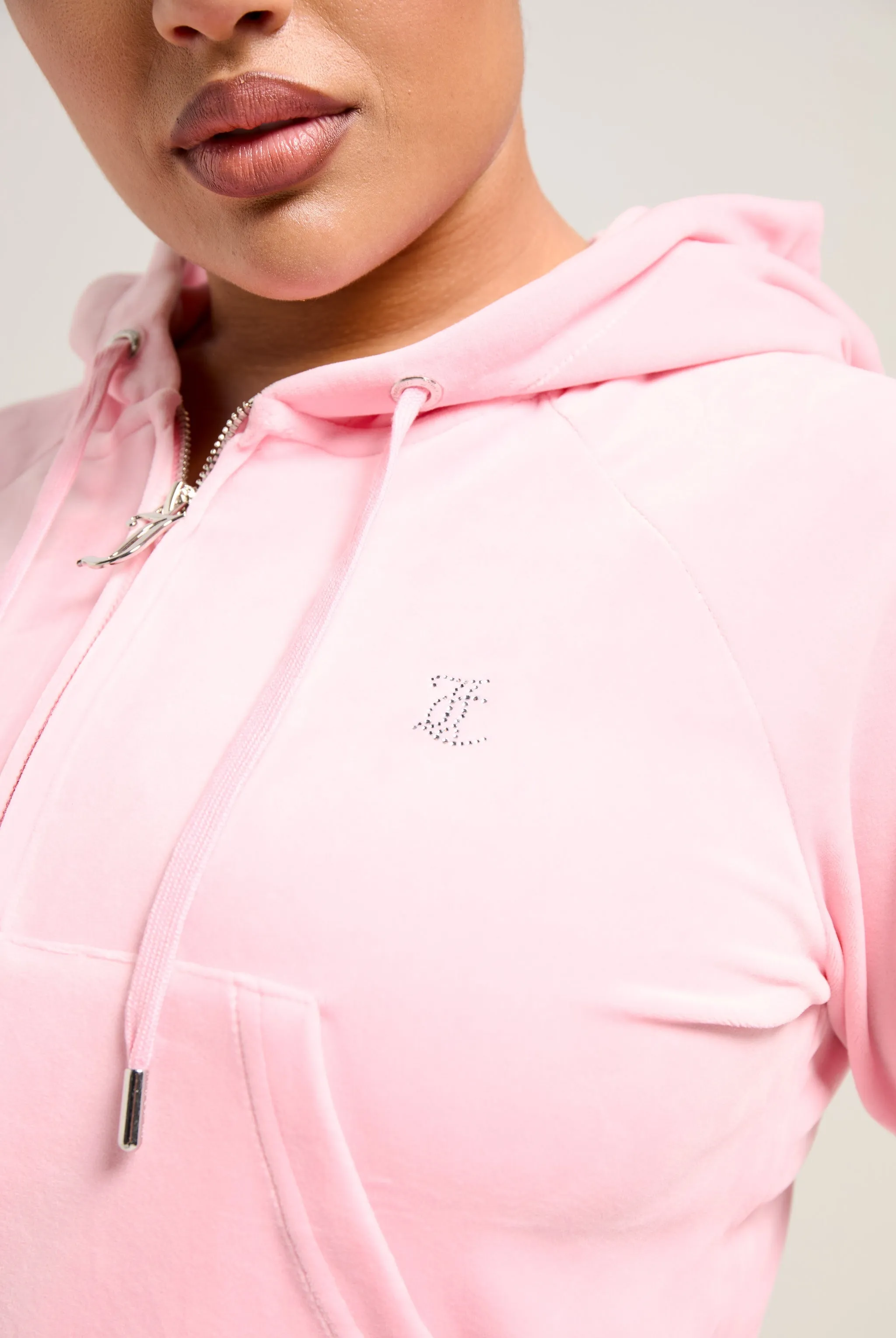 'LEO' JUICY PINK DIAMANTÉ VELOUR ZIP-THROUGH HOODIE