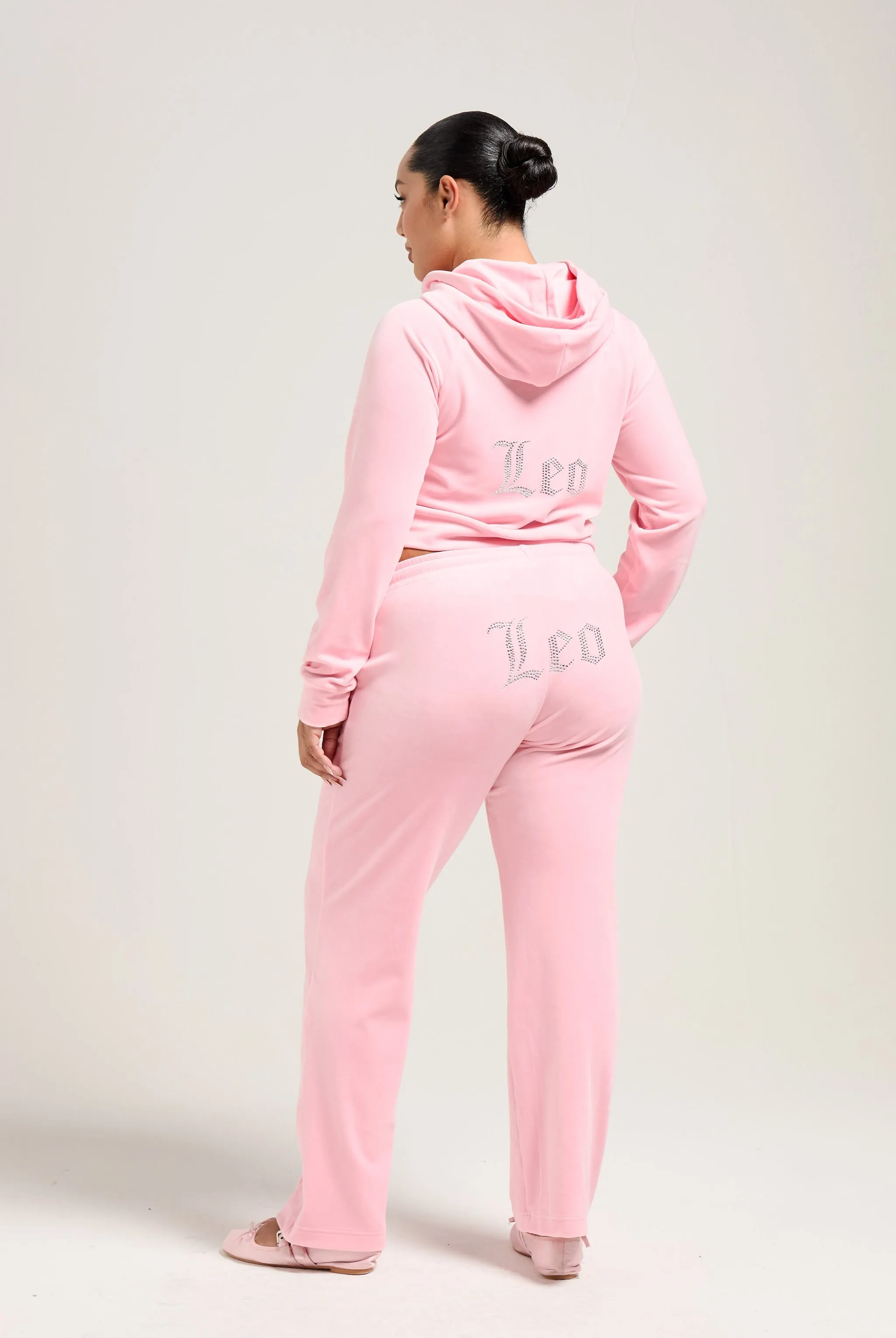 'LEO' JUICY PINK DIAMANTÉ VELOUR ZIP-THROUGH HOODIE