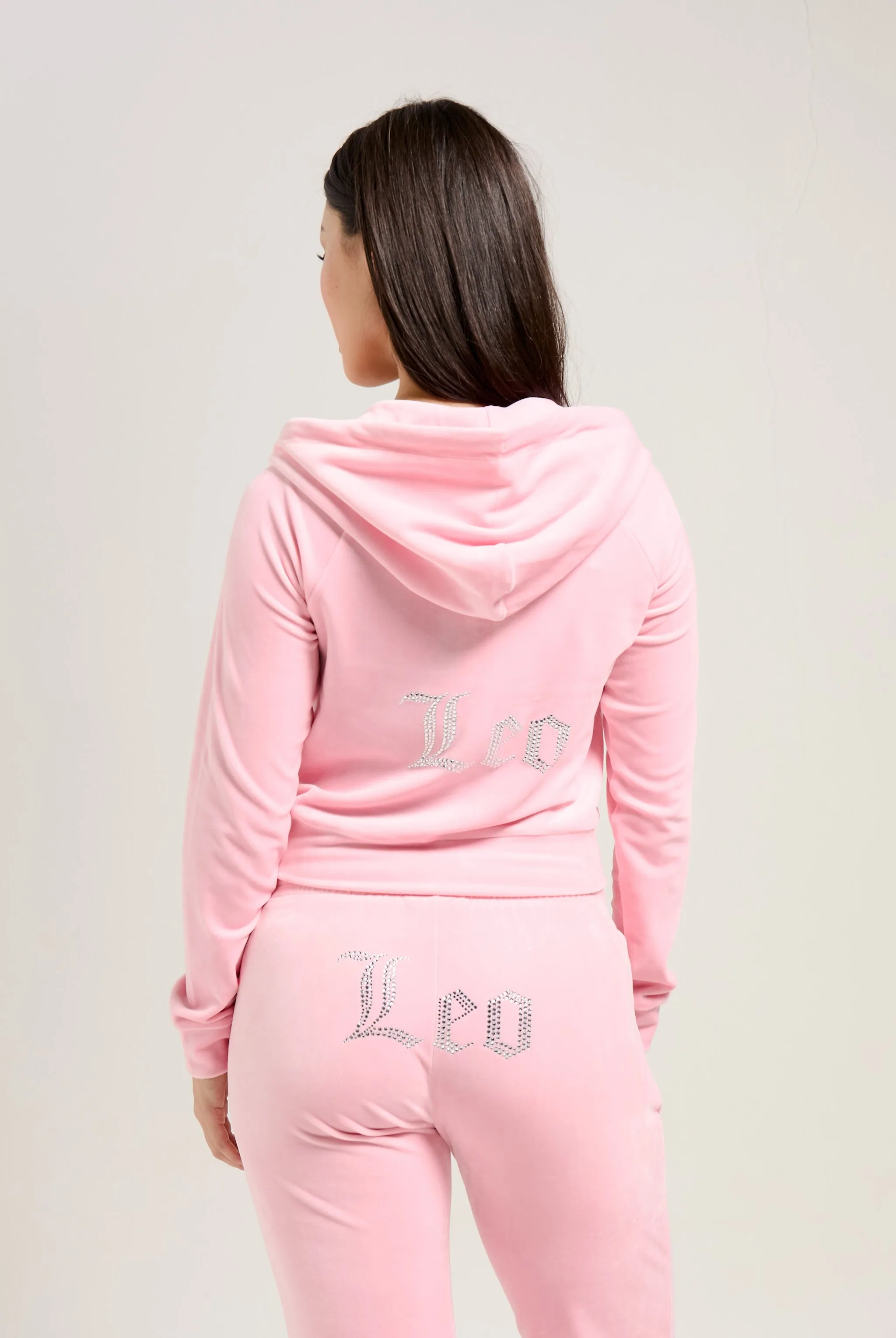 'LEO' JUICY PINK DIAMANTÉ VELOUR ZIP-THROUGH HOODIE