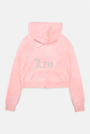 'LEO' JUICY PINK DIAMANTÉ VELOUR ZIP-THROUGH HOODIE