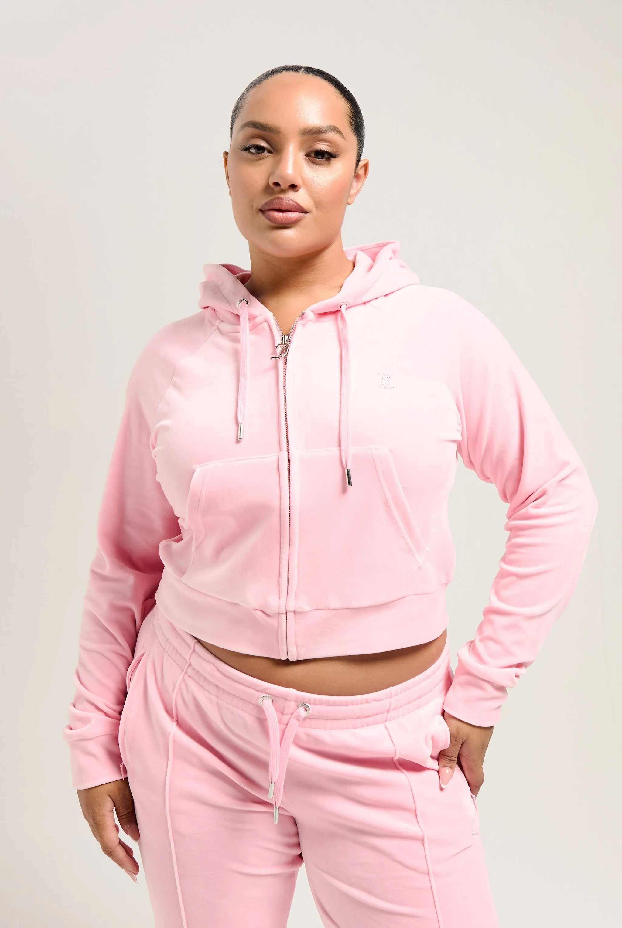 'LEO' JUICY PINK DIAMANTÉ VELOUR ZIP-THROUGH HOODIE