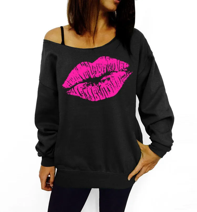 lip Printed Women Blouse One Shoulder Blouses Shirts Punk Body Top Lady Plus Size XL