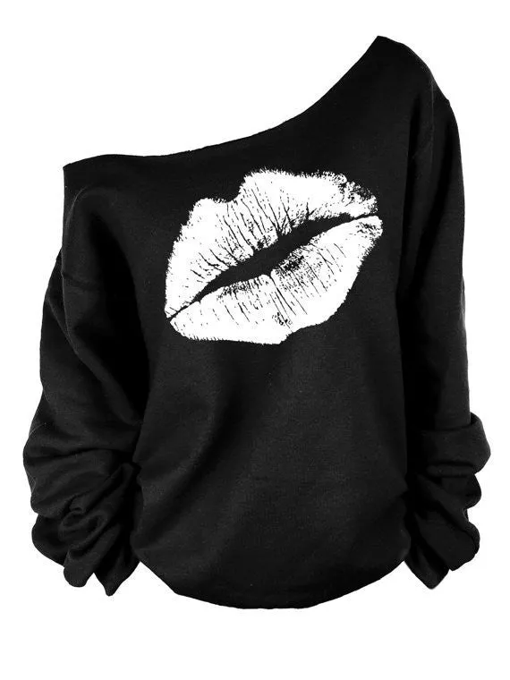 lip Printed Women Blouse One Shoulder Blouses Shirts Punk Body Top Lady Plus Size XL