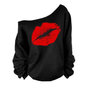 lip Printed Women Blouse One Shoulder Blouses Shirts Punk Body Top Lady Plus Size XL