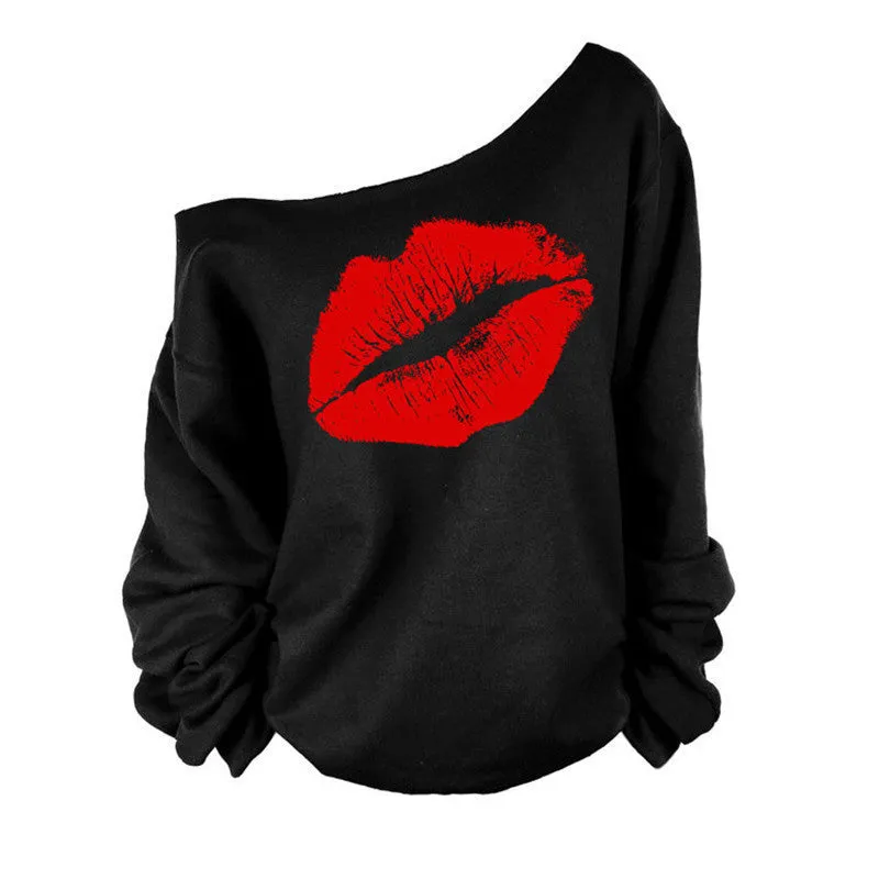 lip Printed Women Blouse One Shoulder Blouses Shirts Punk Body Top Lady Plus Size XL