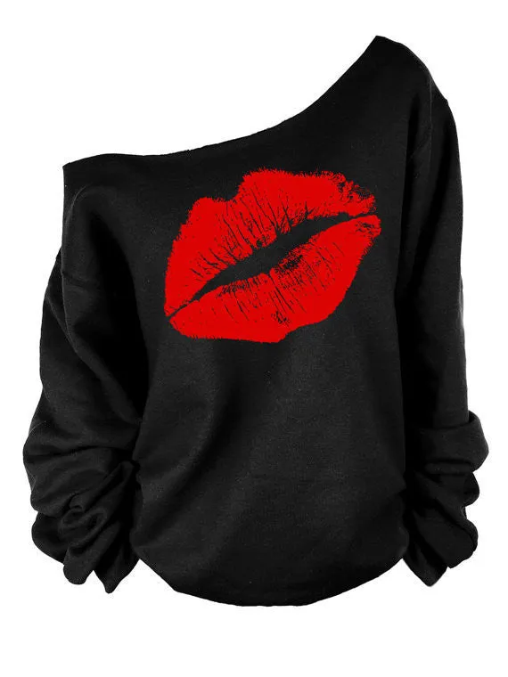 lip Printed Women Blouse One Shoulder Blouses Shirts Punk Body Top Lady Plus Size XL