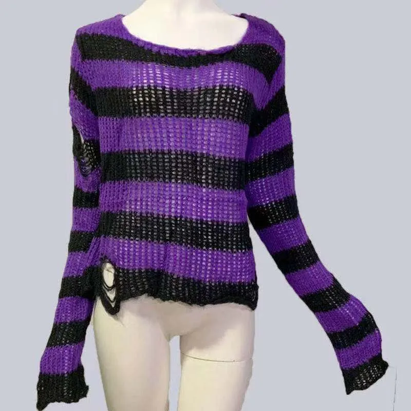 Long Striped Unisex Loose Sweater Cool Gothic Hollow Out Hole Distressed Top