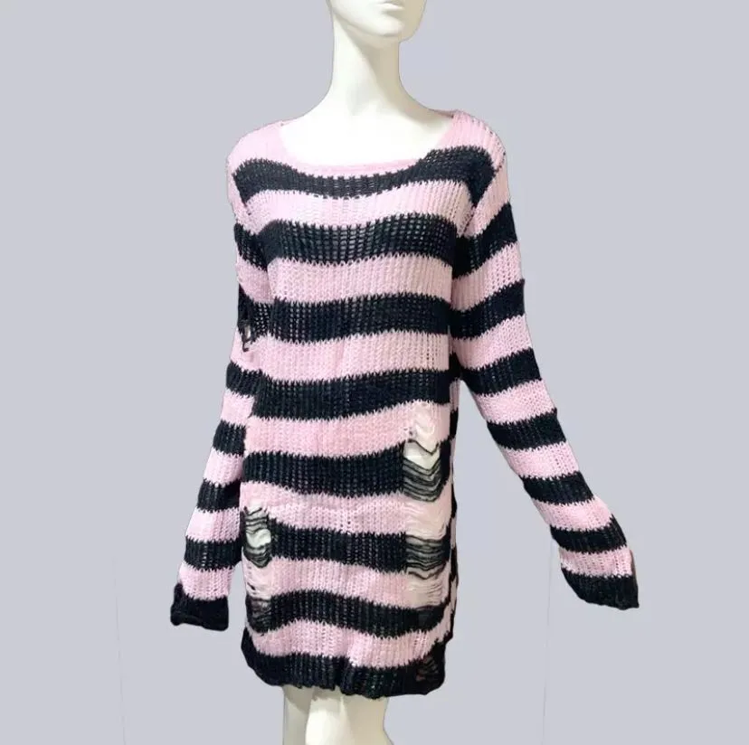 Long Striped Unisex Loose Sweater Cool Gothic Hollow Out Hole Distressed Top