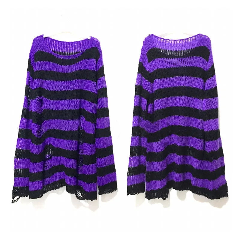 Long Striped Unisex Loose Sweater Cool Gothic Hollow Out Hole Distressed Top