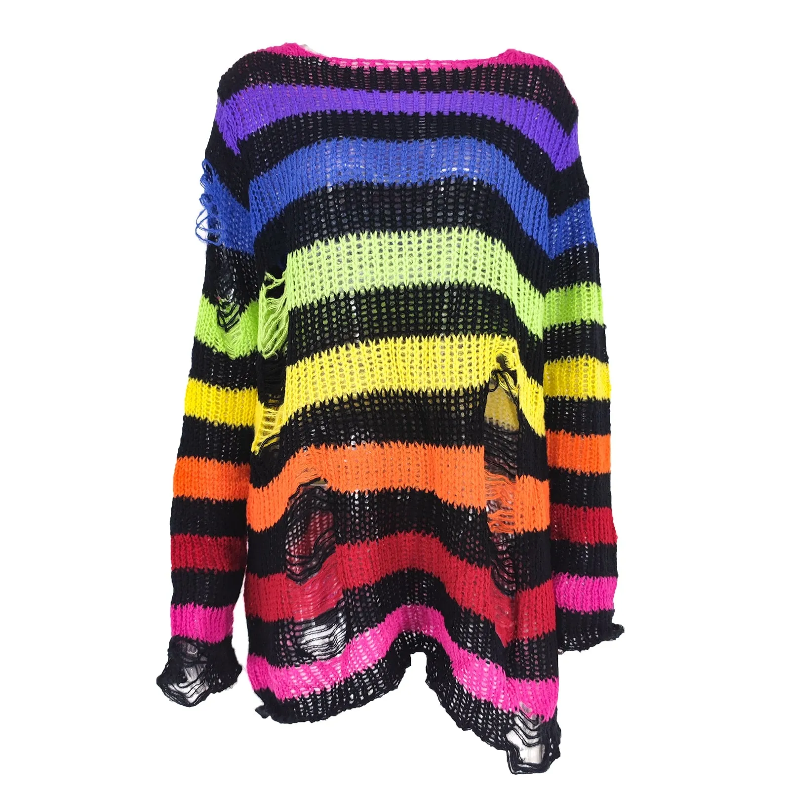Long Striped Unisex Loose Sweater Cool Gothic Hollow Out Hole Distressed Top