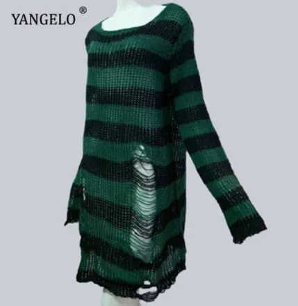 Long Striped Unisex Loose Sweater Cool Gothic Hollow Out Hole Distressed Top